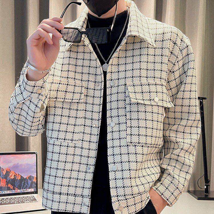 小潮牌秋季翻领高级感冬装男休闲外套痞帅格子小夹克痞帅法式香风