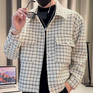 小潮牌秋季翻领高级感冬装男休闲外套痞帅格子小夹克痞帅法式香风