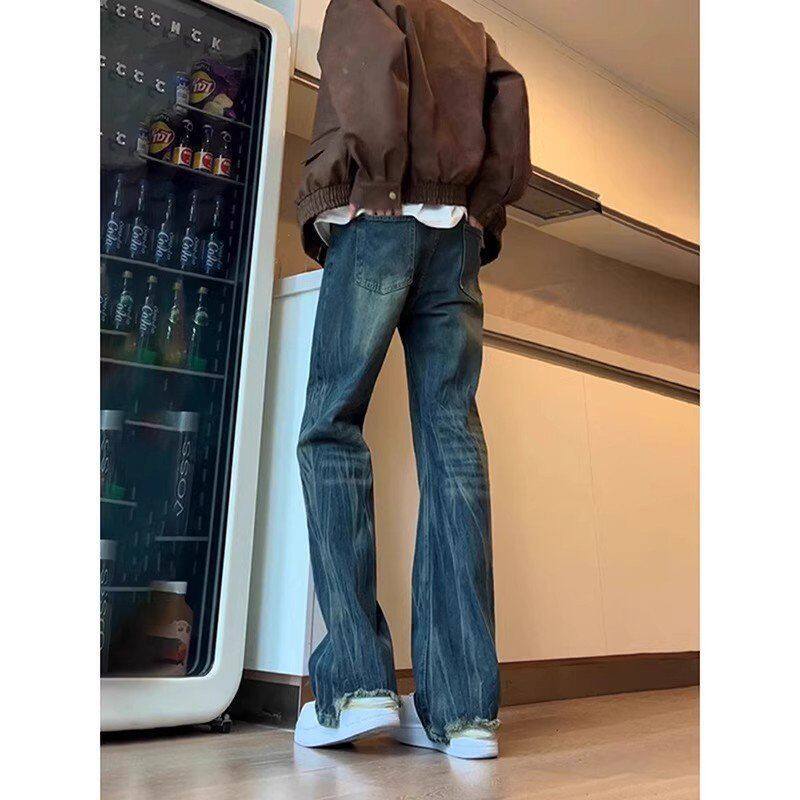 水洗牛仔裤裤子做旧男微喇提档竹节vibe直筒长裤春季蓝色纹美式