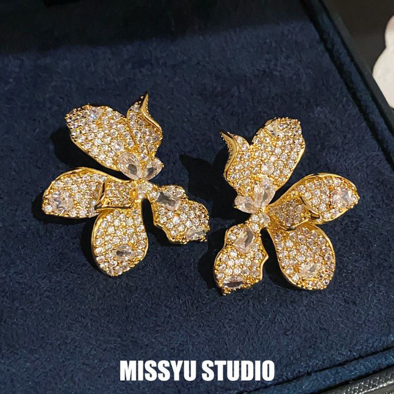 简约金瓣耳饰女批发耳环镶钻高级