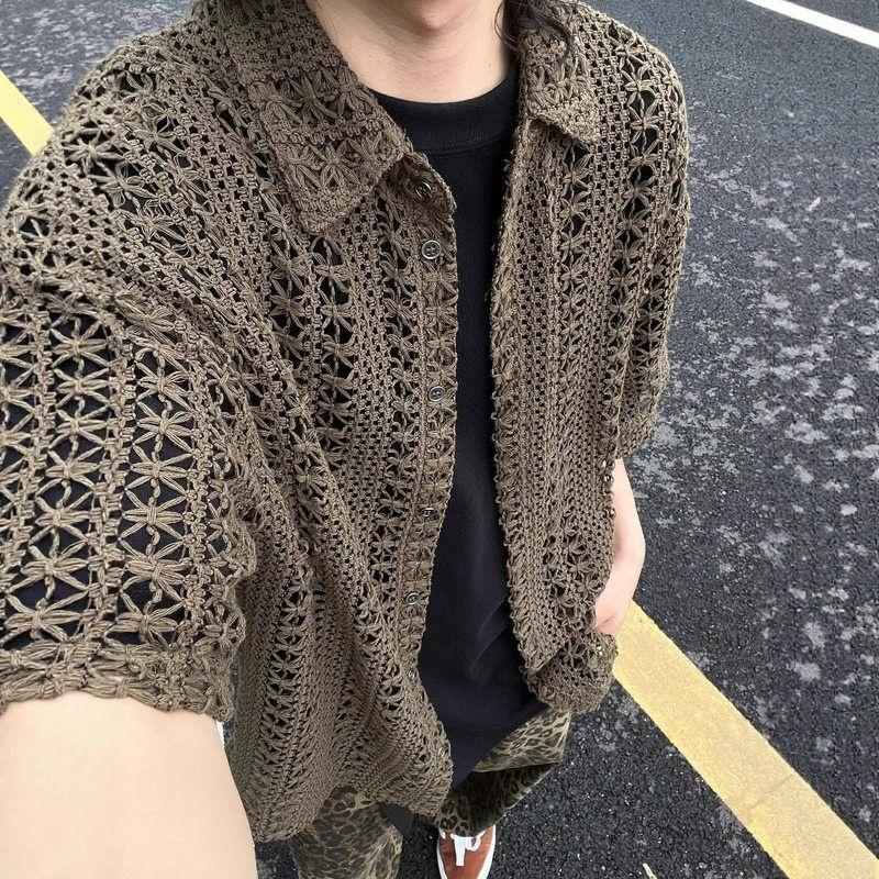 薄款衬衫外套男短袖绿色镂空度假风开衫半袖复古外贸针织夏季美式