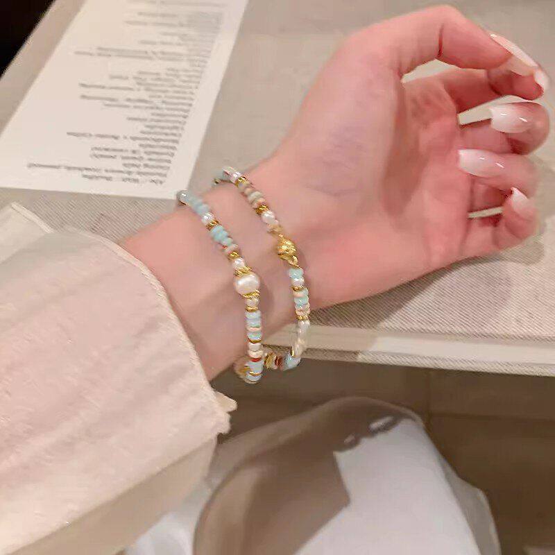 彩色寿山石复古珍珠天然手饰手串轻奢高级感小众仿手链绳串珠弹力