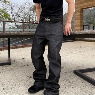 原牛美式水洗百搭牛仔裤复古黑男潮盎司修身弹力高517Vintage微喇
