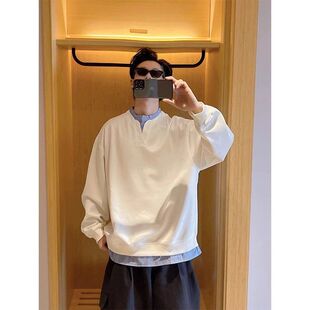 假两件拼接衬衫秋季男条纹卫衣潮牌高级感打底衫白色长袖领V上衣