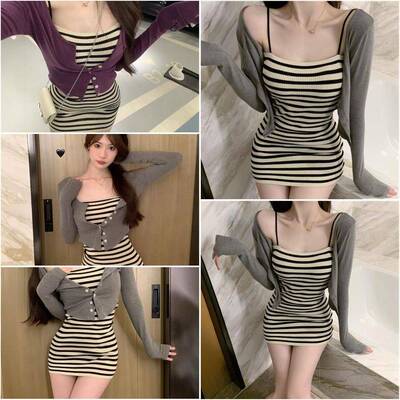 辣妹条纹吊带洋装女夏季新款灰色针织开 衫修身显瘦包臀短裙套装