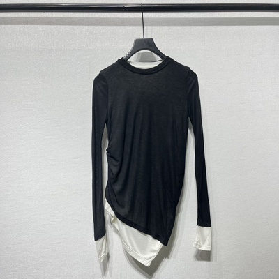 秋冬暗黑RO斜边褶皱黑白边拼接假两件圆领女士修身打底长袖T恤