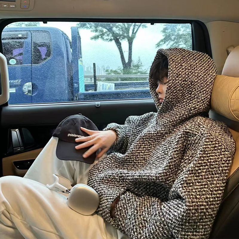 小香风连帽卫衣男款秋冬重磅粗花呢编织美式复古潮牌cleanfit外套