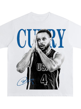 库里美式复古数码直喷印花圆领短袖水洗做旧高街潮纯棉T恤宽松男