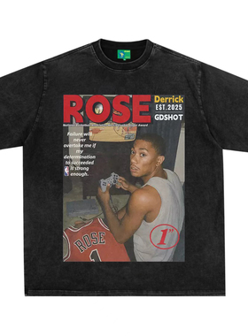 罗斯rose美式复古数码直喷印花圆领短袖水洗做旧高街纯棉T恤宽松