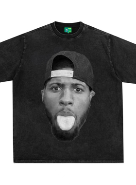 保罗乔治美式复古数码直喷印花圆领短袖水洗做旧高街纯棉T恤宽松