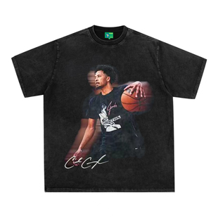 坎宁安美式复古数码直喷印花圆领短袖水洗做旧高街潮纯棉宽松T恤