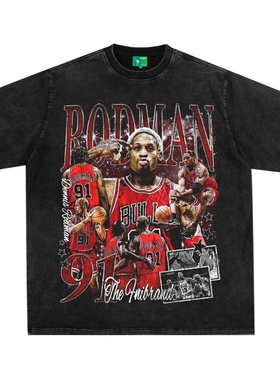 罗德曼美式复古数码直喷印花圆领短袖水洗做旧高街潮纯棉T恤宽松