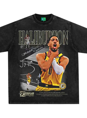 哈利伯顿美式复古数码直喷印花圆领短袖水洗做旧高街纯棉T恤宽松