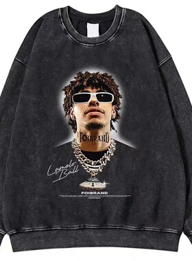 三球拉梅洛鲍尔美式街头水洗复古嘻哈高街长印花休闲长袖卫衣T恤