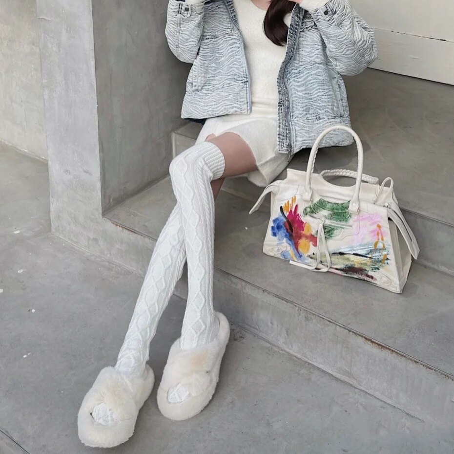 ay 针织过膝袜菱形毛线保暖护腿高筒袜秋冬加厚白色长筒袜家居袜