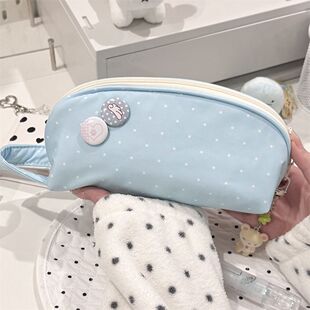 韩版ins蓝波点手提贝壳笔袋奶fufu简约大容量多层铅笔文具收纳袋