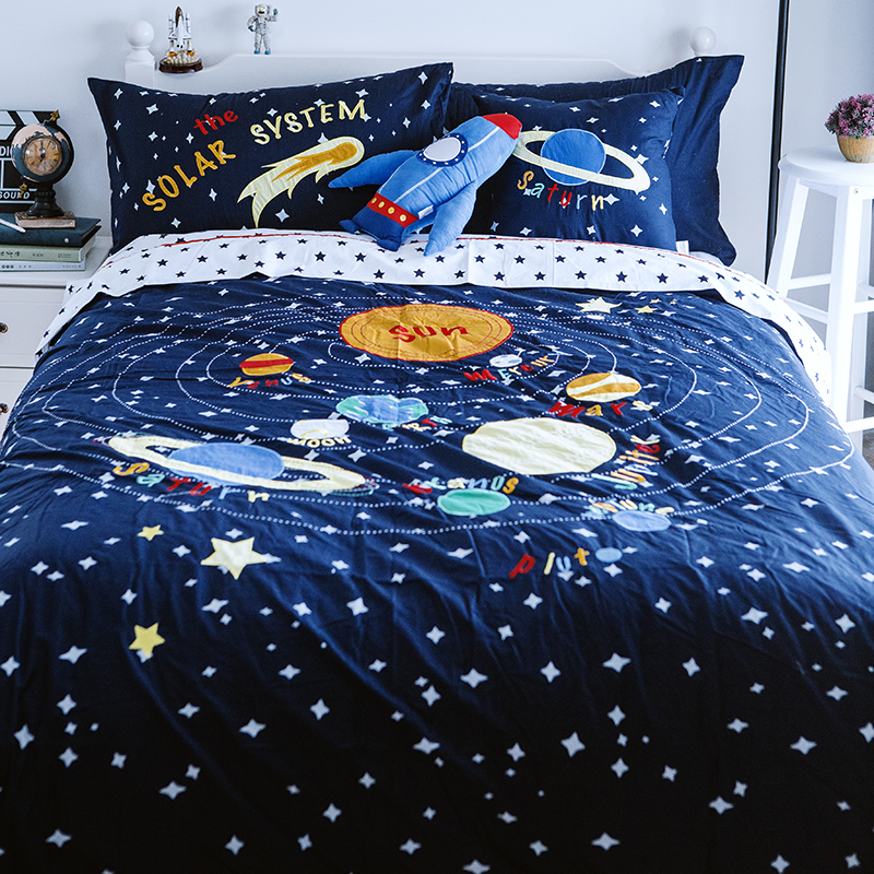 全棉贴布绣儿童幼儿园加厚手工两用被套男深蓝色宇宙绗缝被可水洗