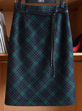 复古高腰羊毛包臀半身裙格子长裙过膝裙修身显瘦绿色秋冬H型半裙
