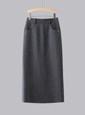 2024秋冬新款毛呢半身长裙鱼骨纹人字半身裙高腰开衩直筒裙灰色裙
