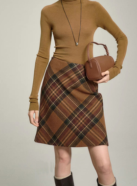 复古格调100%全羊毛半裙毛呢格子半身裙小A字裙高腰显瘦秋冬半裙