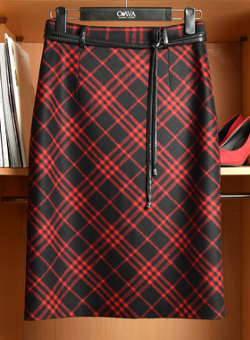 高腰通勤毛呢格子过膝长裙红色半裙包臀裙高级感半身裙秋冬H型裙