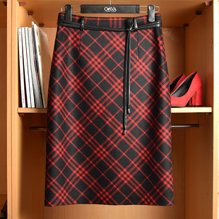 高腰通勤毛呢格子过膝长裙红色半裙包臀裙高级感半身裙秋冬H型裙