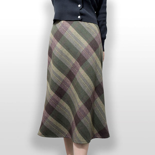 复古格子毛呢长裙斜裁高腰显瘦优雅包臀裙修身小鱼尾秋冬半身裙女
