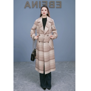 10双面羊绒大衣女长款高端格子宽松双面尼西装领毛呢外套