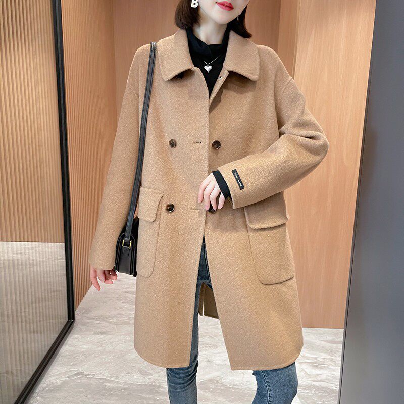 7女装新品驼色双面羊绒大衣女双排扣中长款通勤长袖羊毛呢外套