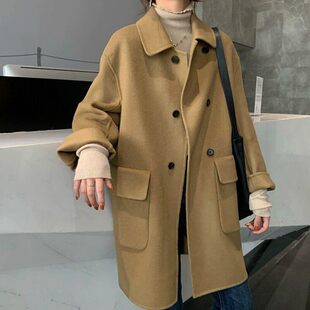 7新品双面羊绒大衣女双排扣中长款通勤长袖羊毛呢外套