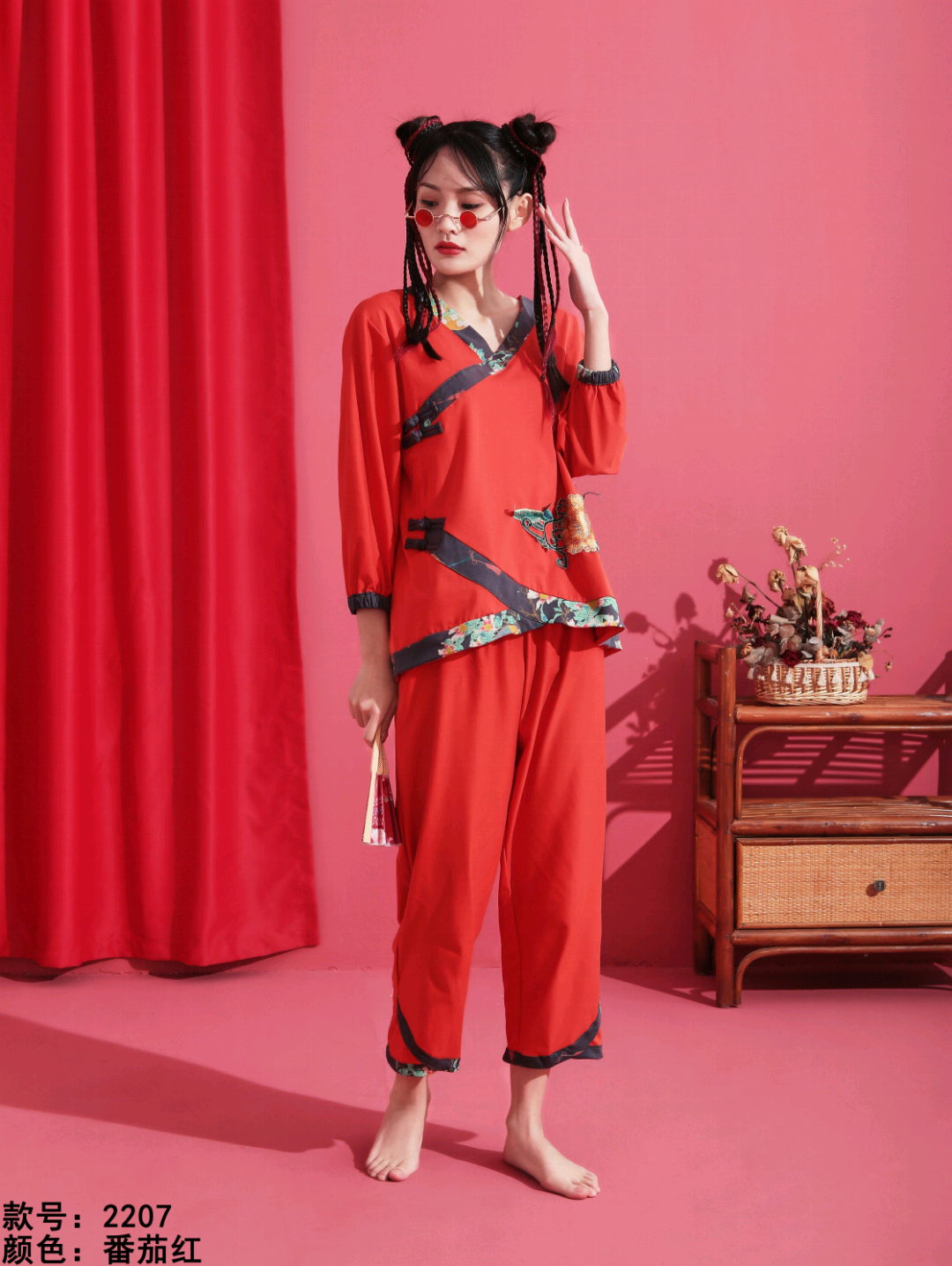 民族风女士睡衣刺绣本命年新年红休闲圆领套头家居服套装2207