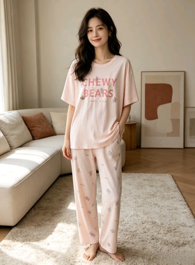 80044-9睡衣女夏季莫棉短袖长裤薄款家居服套装可外穿甜美