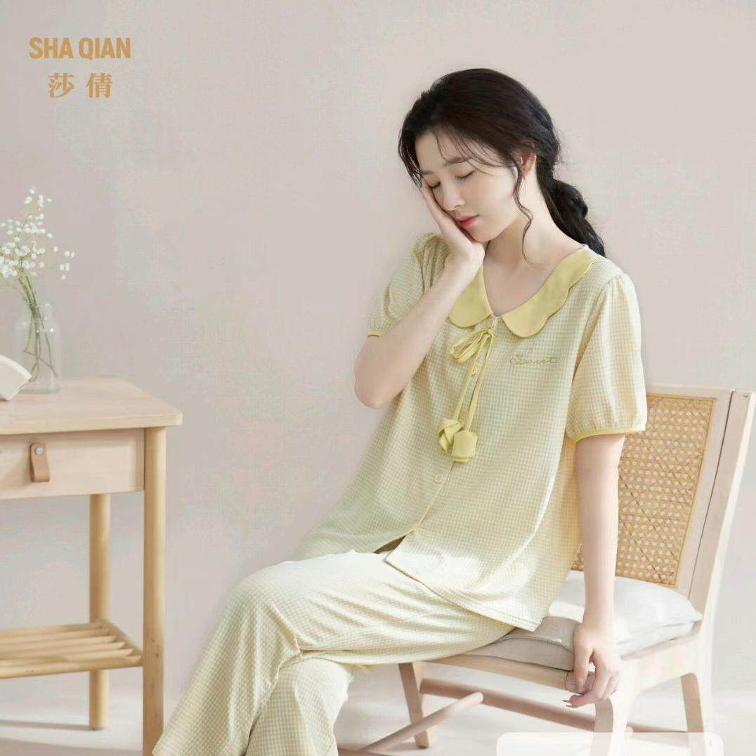 专柜正品 莎倩睡衣女甜美可爱娃娃领短袖长裤家居服套装340323