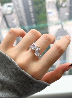 欧美跨境爆款s925纯银戒指女高级感水滴梨形主钻8A锆石戒指环
