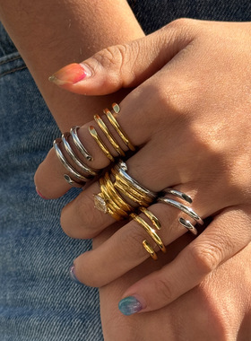 欧美跨境多层素圈戒指钛钢不掉色首饰弹簧螺旋轻奢高级不锈钢指环