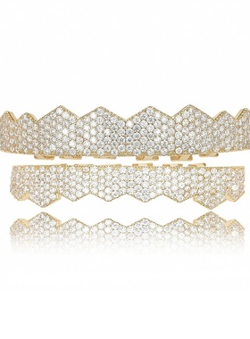 欧美跨境新款特色镀真金微镶锆石8颗金牙套hip hop嘻哈牙套Grillz