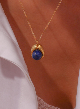 欧美时尚个性小众轻奢吊坠饰品 不锈钢镀18K金天然石圆球项链女