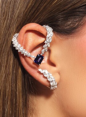 欧美新款宝蓝色弧形耳挂个性锆石耳环高级感气质风耳饰女earrings