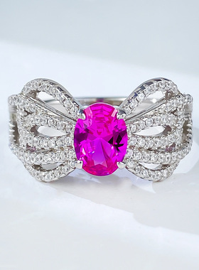 欧美经典蝴蝶结蕾丝戒指925银女5*7设计感高碳钻仿真粉尖晶指环女