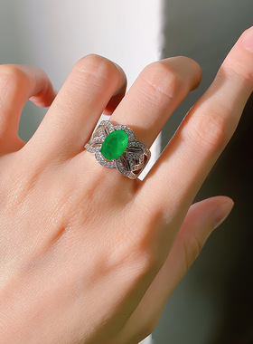 欧美跨境S925银高碳钻仿真祖母绿7*10椭圆豪华镶嵌宴会高珠款戒指