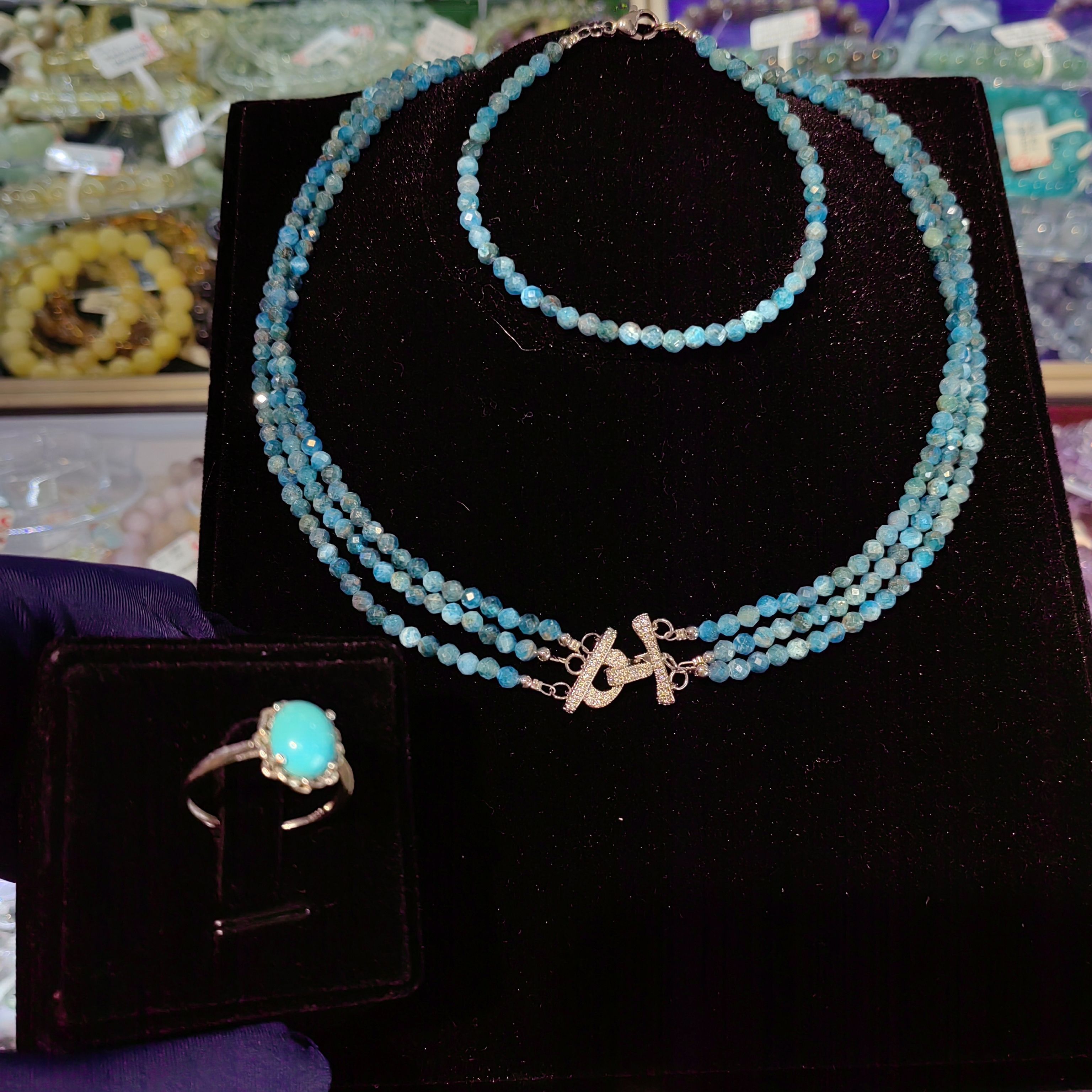 神秘优雅天然蓝磷灰石镶钻扣星切钻面三层项链手链蓝松石戒指套装