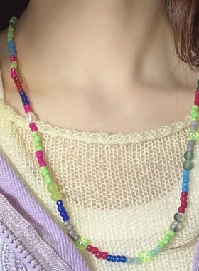 原创设计欧美荧光可定制字母跳色2024天然珍珠玉髓项链手链锁骨链