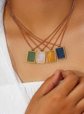 欧美ins摩登简约潮流百搭项坠饰品 不锈钢矩形天然石古巴链项链女