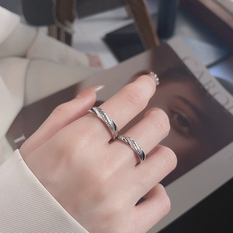 S925纯银欧美跨境创意扭转肌理forever永远浪漫情侣戒指