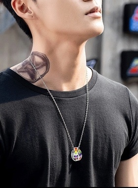 欧美ins双环彩虹戒指吊坠项链简约冷淡风钛钢潮牌项链男饰品