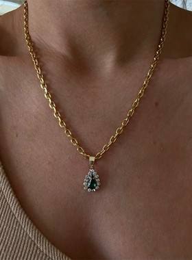 复古水滴吊坠宝石项链锆石水晶吊坠 钛钢电镀18k真金