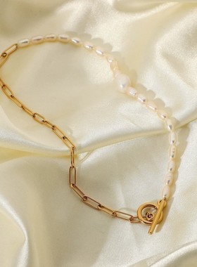欧美INS不锈钢珍珠缝合首饰套装18K镀金链OT扣天然淡水珍珠项链女