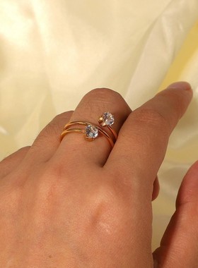 欧美INS网红同款并排白锆2钻开口戒18K镀金不锈钢戒指女式饰品