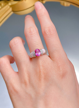 欧美跨境高碳钻粉贝壳仿真卢比红钻戒高级感925纯银女神百搭戒指