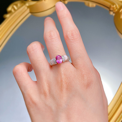 欧美跨境高碳钻粉贝壳仿真卢比红钻戒高级感925纯银女神百搭戒指